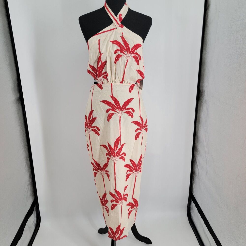Anna Grace Womens M Red Ivory Lined Halter Side Cutout Tropical Maxi Dress NWT